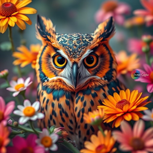 Create a vibrant digital artwork of a colorful owl surrounded by flowers, using a Canon EOS R5 camera with a 50mm f/1.2 lens, aperture set to f/2.8, ISO 100, and a shallow depth of field for enhanced detail and clarity, in a close-up view with rich colors and dynamic lighting.