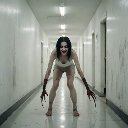 a crooked female with long arms and a creepy smile is crawling along a long white corridor and you can also see cockroaches in it there is a creepy atmosphere creepy art style