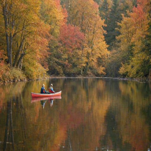 Tranquil river scene during autumn, with leaves changing colors and drifting on the water, a couple canoeing peacefully, surrounded by the natural beauty of the season.