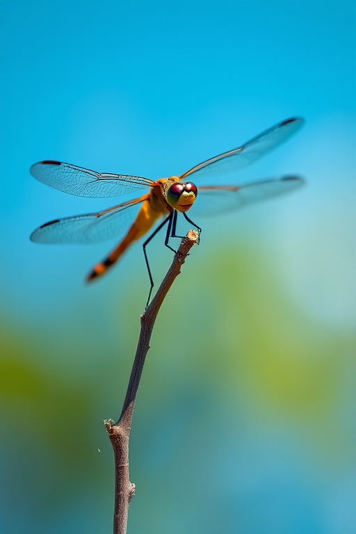 dragonfly perched on a thin twig against a bright blue sky, macro lens, f/2.8, 1/500 sec, ISO 100, shallow depth of field, natural lighting, Canon DSLR