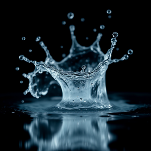 Regenerate a high-resolution image of a water splash against a black background, using a DSLR camera with a 50mm lens, F2.8 aperture, 1/1000s shutter speed, ISO 100, shot from a low angle in macro style to capture fine details and enhance clarity.