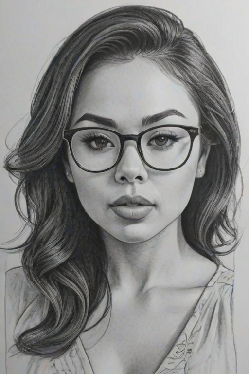 Alluring Janel Parrish, pencil sketch, portrait of Radiant woman 1946s in glasses, hair style beatnik, outline, clear lines, fine lines, 8k