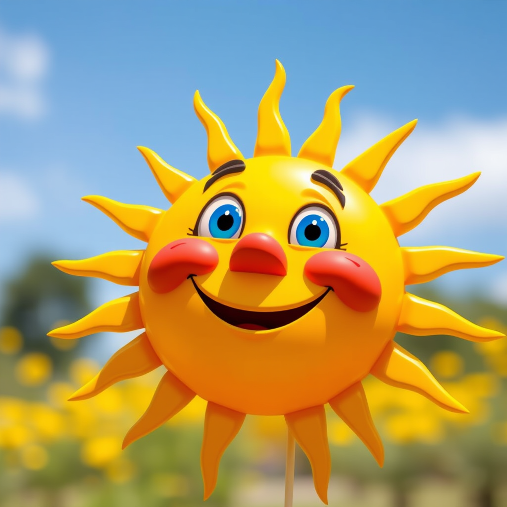 Create a vibrant cartoon sun character with a smiling face, bright yellow rays, and blue eyes, photographed with a Canon EOS R5, 50mm lens, f/2.8 aperture, ISO 100, under soft natural lighting for enhanced detail and color saturation.
