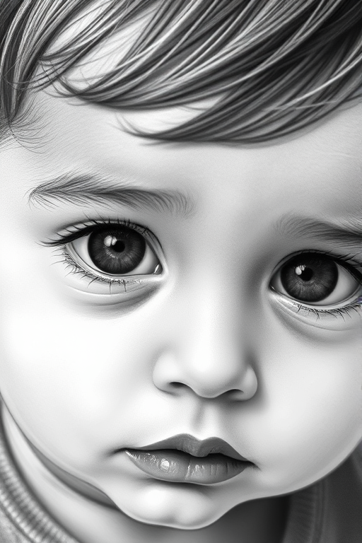A hyperdetailed photorealistic black and white sketch of a beautiful toddler with deep brown eyes, with a macro focus