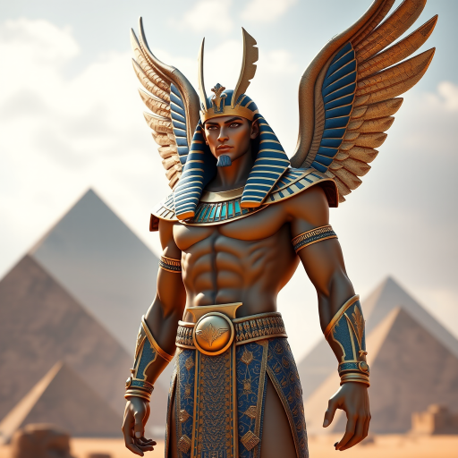 Create a high-resolution 3D render of an ancient Egyptian god with a muscular physique, large wings, and intricate gold and blue armor, positioned in front of pyramids, using a DSLR camera with a 50mm lens, aperture f/1.8, ISO 100, natural lighting, and a slightly low angle view for dramatic effect.