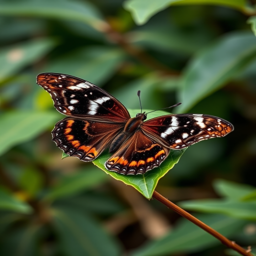 Generate an image of a butterfly resting on a green leaf. The butterfly should have dark brown wings with white spots, showcasing intricate details and a natural setting with blurred foliage in the background.