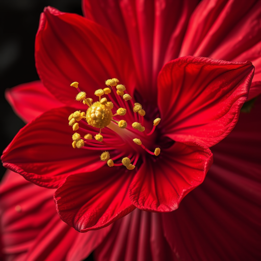 regenerate a detailed illustration of a red flower with golden stamens, using a DSLR camera with a 50mm lens, aperture f/2.8, ISO 100, high contrast lighting, shot from a top-down view to enhance the intricate details and textures.
