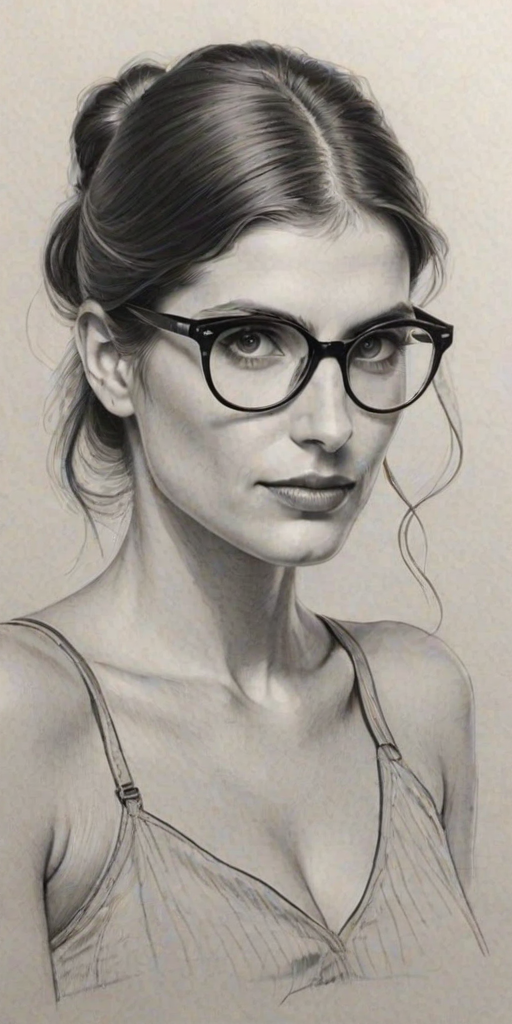 Enchanting Lake Bell, pencil sketch, portrait of Sublime woman 1936s in glasses, hair style beatnik, outline, clear lines, fine lines, 8k