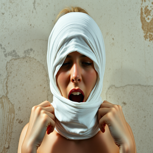 Create a close-up photographic image of the head and torso of a person with light skin tones shown against an old, worn wall. Their head is wrapped in a white cloth covering (i.e.... parts of the head except the nose and mouth, which are open as if they are screaming...), with a slight texture and visible folds in the fabric. Thin strands of blonde hair escape from the wrapping above, falling lightly at the top and sides. Their hands hold the fabric as if they are tugging nervously. The lighting is dramatic and even, casting strong shadows. The image has a minimalist and surreal style with an emphasis on simplicity with soft color tones. The composition is centered.