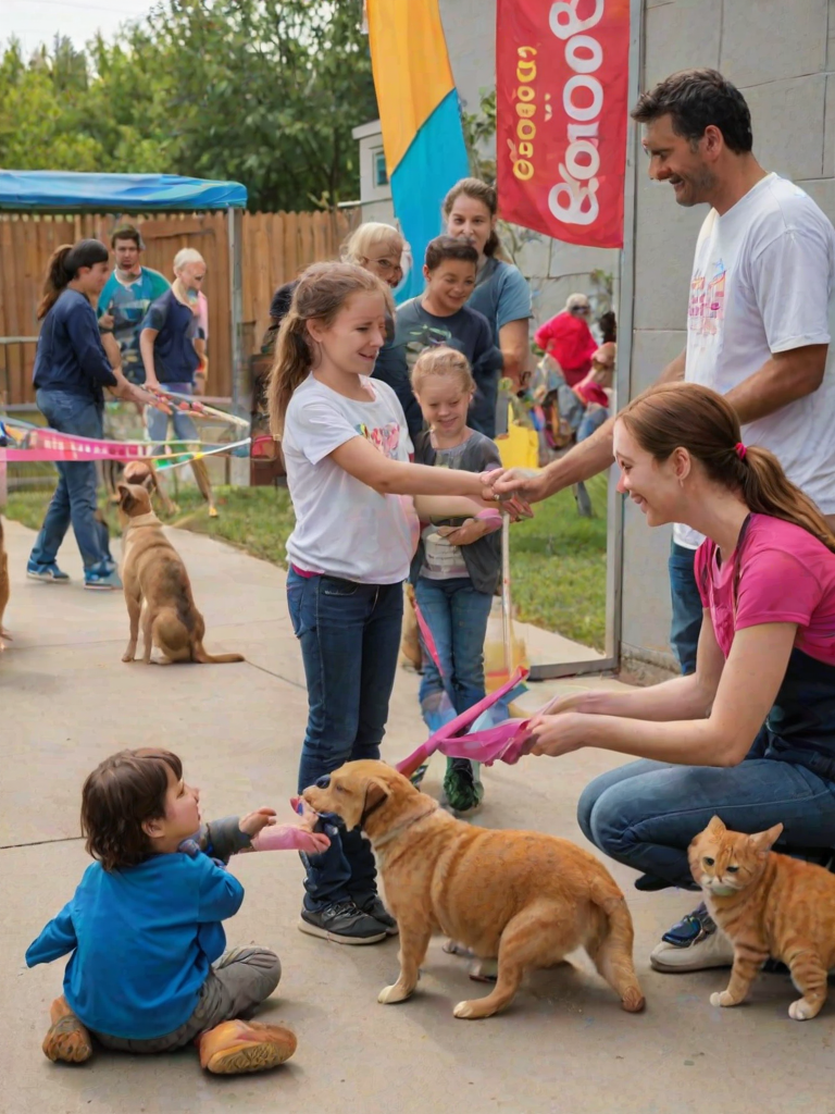 Heartwarming scene at a pet shelter, volunteers caring for dogs and cats, children interacting with the animals, and colorful banners promoting the adoption event.