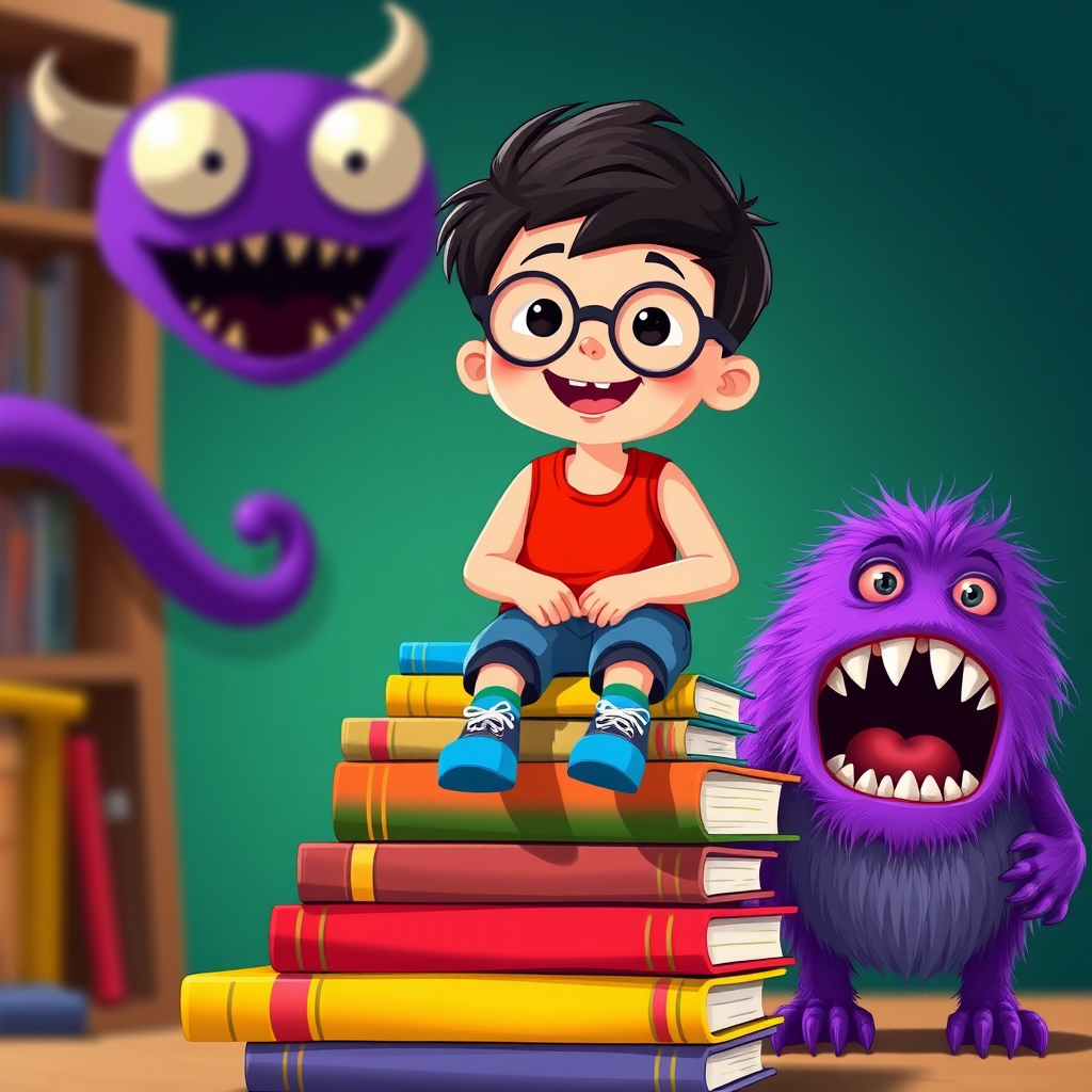 A cheerful cartoon boy wearing glasses and a red tank top sits on a stack of colorful books, alongside a purple monster with a big mouth, bright colors, vector style, shot with a Canon EOS R5 at f/8, ISO 100, 50mm lens, high-resolution digital art.
