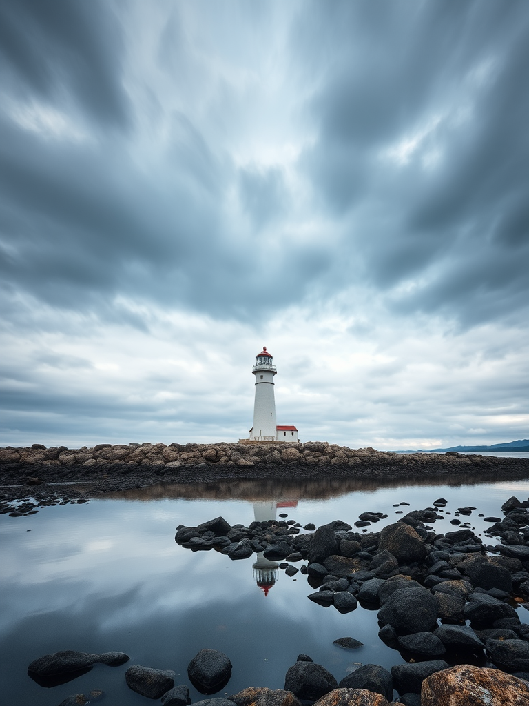 lighthouse on a rocky shore under a moody sky with clouds, capturing reflections in calm water, shot with a Canon EOS R5, 24mm lens, f/8, ISO 100, shutter speed 1/125s, wide-angle view, soft light for enhanced detail