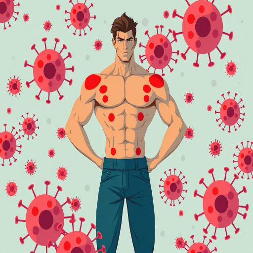Generate an illustration of a muscular male figure standing confidently with red spots on his torso, surrounded by abstract microorganisms, using a flat design style; camera settings: ISO 100, aperture f/8, shutter speed 1/200 sec; camera view: eye level; camera style: vibrant colors; camera type: digital illustration.