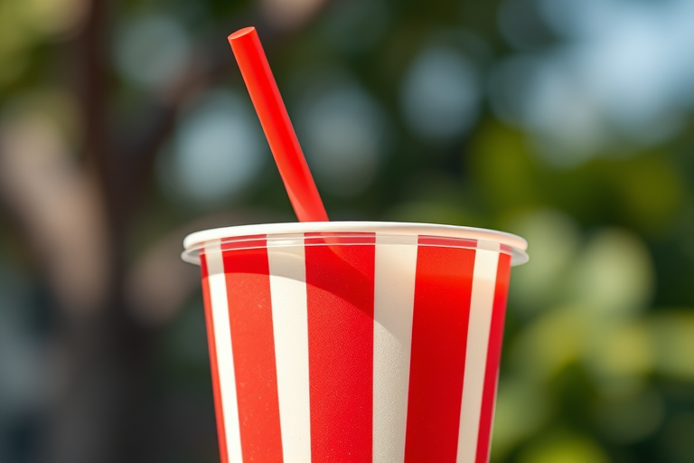 Create a high-resolution image of a colorful soda cup featuring a red stripe design and a red straw from a close-up angle, using a DSLR camera with a 50mm lens, aperture f/2.8, ISO 100, and natural lighting for enhanced clarity and vibrancy.