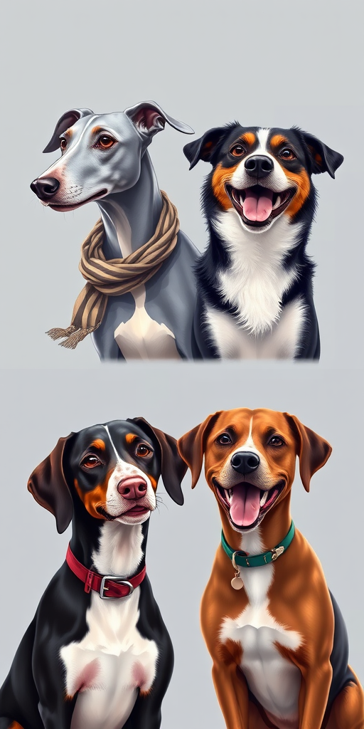 Create a vibrant digital illustration of four different dog breeds: a Greyhound with a scarf, a Border Collie with a joyful expression, a German Shorthaired Pointer with a collar, and a mixed breed with a happy demeanor, using a DSLR camera with a 50mm lens, f/1.8 aperture, ISO 200, and natural light for enhanced detail and color vibrancy.