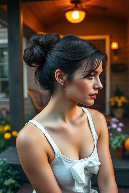 A photo of Natalie Portman with a background of a cozy porch. She has dark hair pulled back in an updo, with tendrils framing her face. She wears a white tank top and sits on the porch. The porch is part of a well-lit home with a warm, earthy tone and colorful flowers and foliage. The overall scene has a warm, welcoming, and comfortable ambiance.