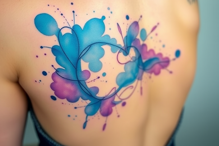 Vibrant watercolor splashes form an intricate "Aquarelle Dream" tattoo, blending soothing blues and purples with delicate linework, creating a dreamy and ethereal appearance on the skin