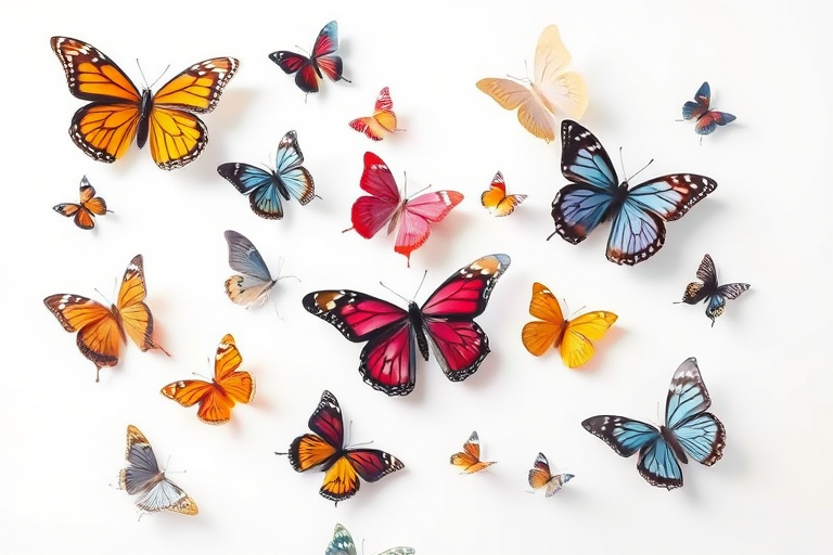 Generate an image of various butterflies in flight against a white background. Include a mix of colors and patterns, showcasing butterflies from different species, all with delicate wings and soft shadows beneath them. Aim for a light and airy composition.