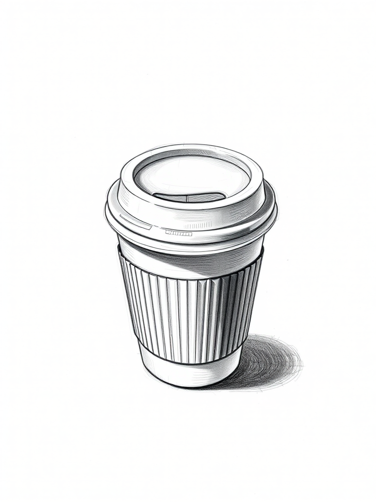 Create a detailed drawing of a coffee cup with a lid, viewed from slightly above at a 45-degree angle, using a high-resolution DSLR camera with a focal length of 50mm, aperture set to f/2.8, ISO 100, and natural soft lighting to enhance texture and depth.
