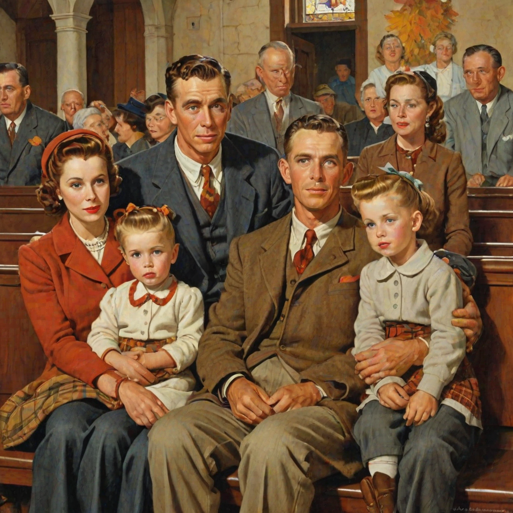 In the style of Norman Rockwell, a 1953 young family, looking pleasantly content is sitting in church, wearing cold weather clothing in autumn colors