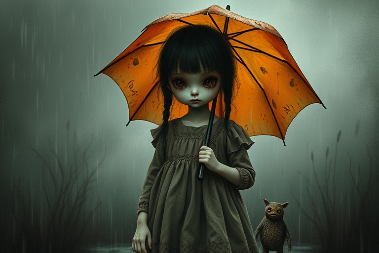 An eerie, weird little girl with dark hair in thin pigtails, wearing a smock dress, standing in the rain, holding a dirty orange umbrella, a small, odd creature beside her. In a surreal style inspired by Nicoletta Ceccoli and Brian Froud. Dark fantasy themes