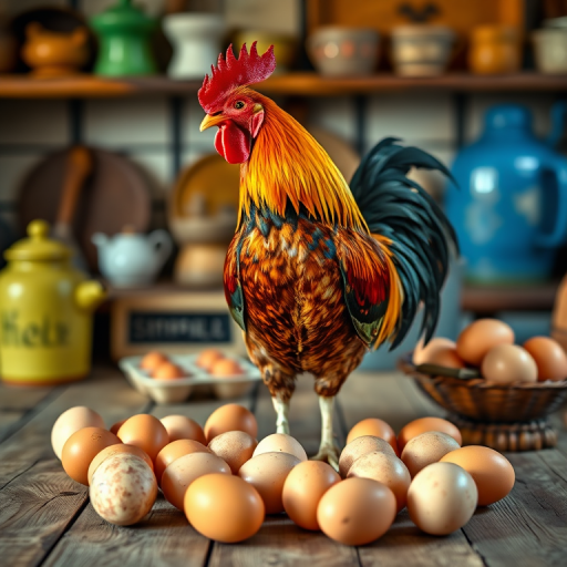 A vibrant rooster standing proud among eggs on a rustic wooden table with vintage kitchen items in the background, taken with a Canon EOS R5, 50mm lens, f/1.8 aperture, ISO 100, natural light, soft focus for a dreamy effect.