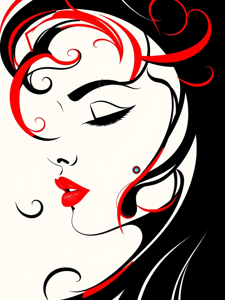 Create a high-resolution vector illustration of a stylized face with swirling hair in black and red, using a Canon EOS R5 camera with a 50mm f/1.2 lens, aperture set to f/4, ISO 100, and a top-down view to enhance details and colors.