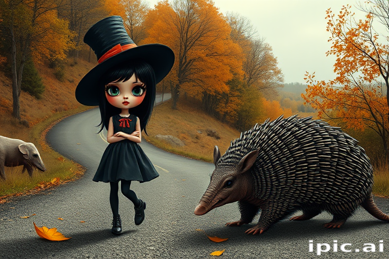 digital art fantasy depicting a strange girl with black hair, long eyelashes, orange lipstick and a tall hat walking along a winding road on an autumn afternoon, an armadillo smiles as he passes