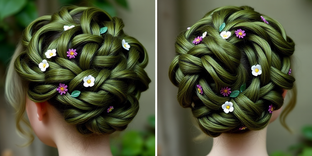 Enchanted Forest Updo showcasing a complex arrangement of braids and twists in various shades of green, adorned with small flowers and leaf-shaped pins