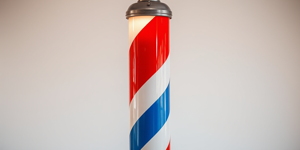 Create a high-resolution image of a barber pole with red, white, and blue stripes, taken with a Canon EOS R5, 50mm lens, f/2.8 aperture, ISO 100, in a clean studio setting with soft lighting and a focus on vibrant colors.