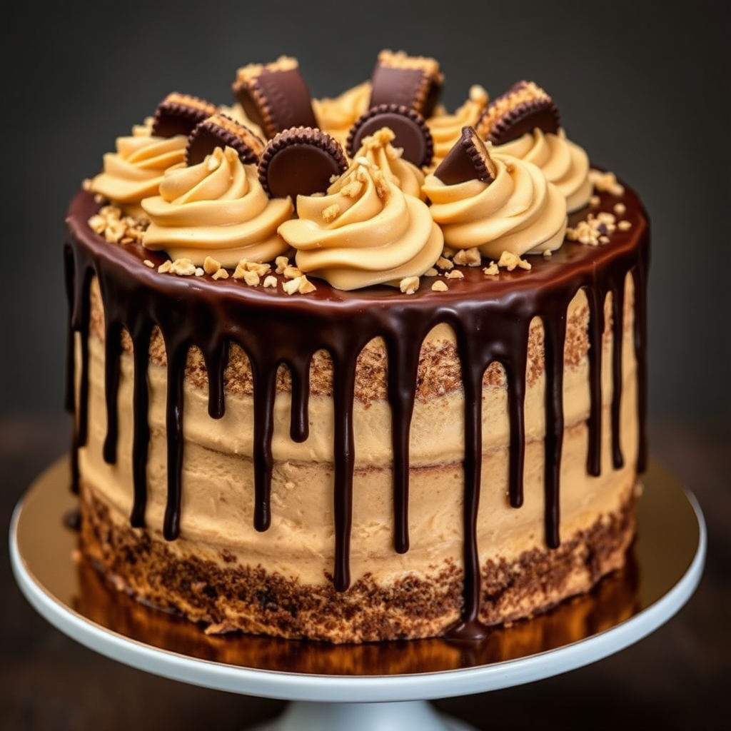Create an image of a luxurious layered cake with a chocolate ganache drip. The cake should be decorated with swirls of peanut butter frosting and topped with peanut butter cups. Add a sprinkle of crushed peanut butter candy around the top for added texture and detail. The cake should be presented on a cake stand, with a focus on rich, indulgent textures and colors.