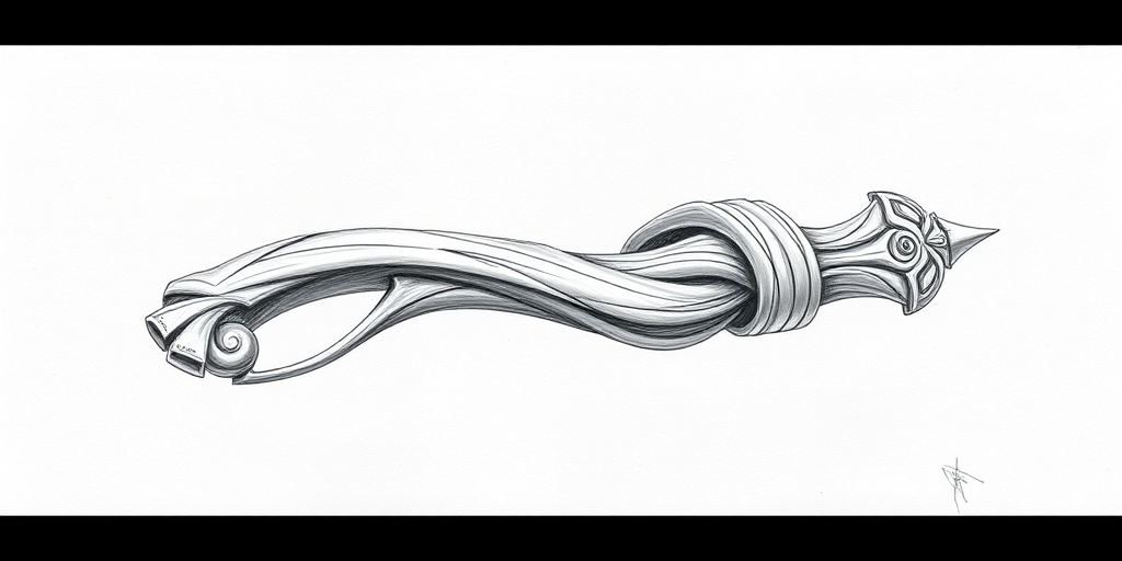 Create a highly detailed sketch of a slender, intricately carved tool with a twisted design, captured with a DSLR camera at f/2.8 aperture, ISO 100, 50mm lens, in natural light to emphasize texture and form.