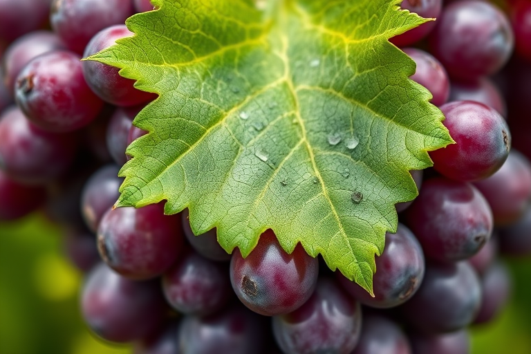 Create a high-resolution illustration of a cluster of purple grapes with a green leaf, shot with a macro lens at f/2.8, ISO 100, in natural light, using a DSLR camera for enhanced detail and color vibrancy.