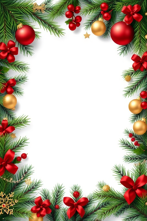 Create an image of a festive holiday frame with evergreen branches, red and gold ornaments, and delicate decorations around the edges. The center should remain empty for text, and the overall tone should be cheerful and bright, evoking a Christmas theme.