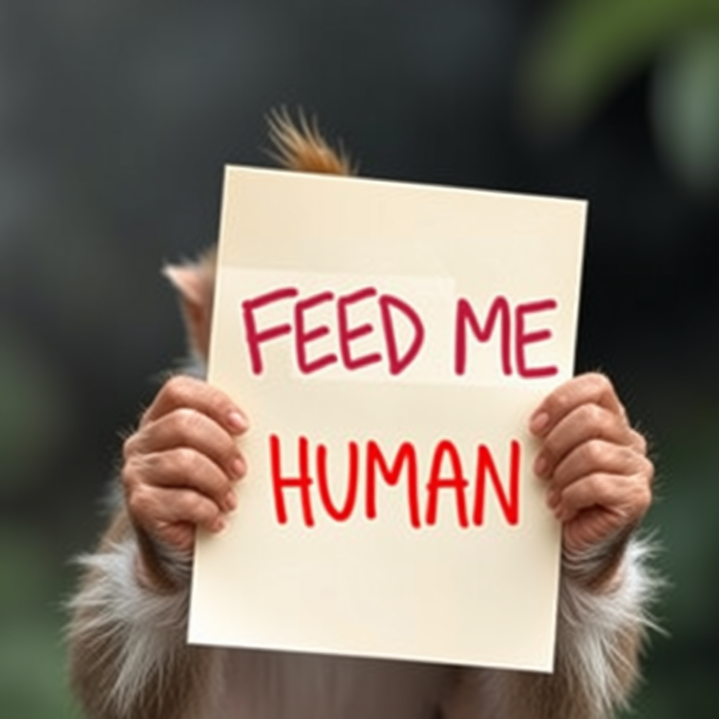 monkey holding a note which says "FEED ME HUMAN"