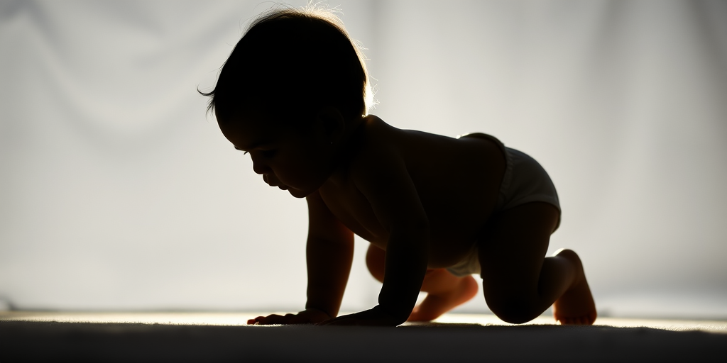Create a high-quality silhouette of a crawling baby, shot with a DSLR camera at f/2.8, 50mm lens, natural lighting, and a shallow depth of field for a soft background.