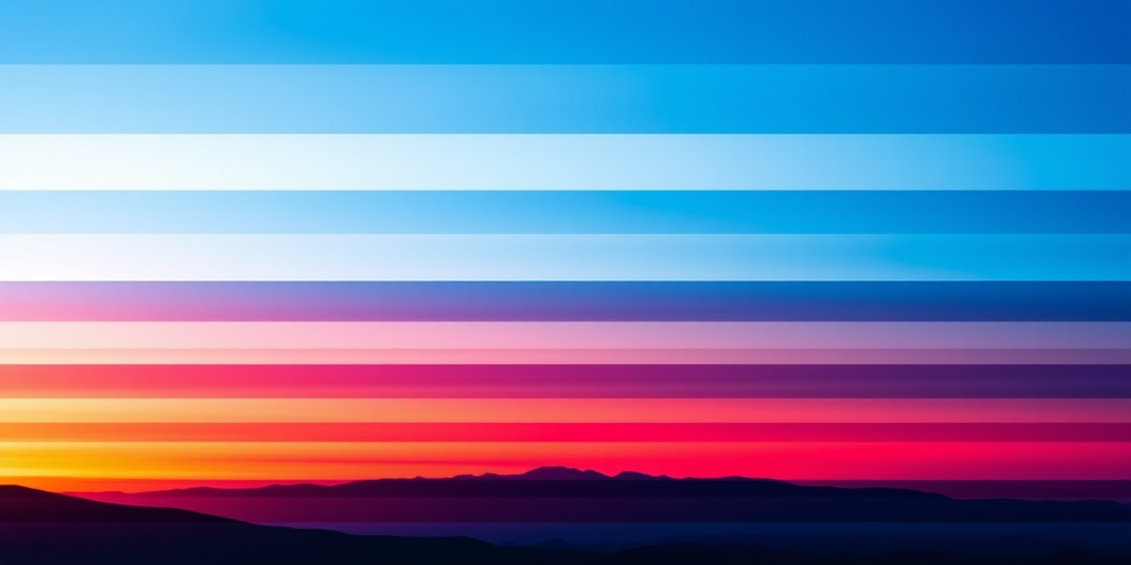 Create an abstract landscape with layered horizontal stripes in various shades of blue, light blue, and red at sunset over a silhouette of mountains, captured with a DSLR camera at f/8, ISO 100, with a wide-angle lens, and a slight gradient effect in post-processing to enhance vibrancy.