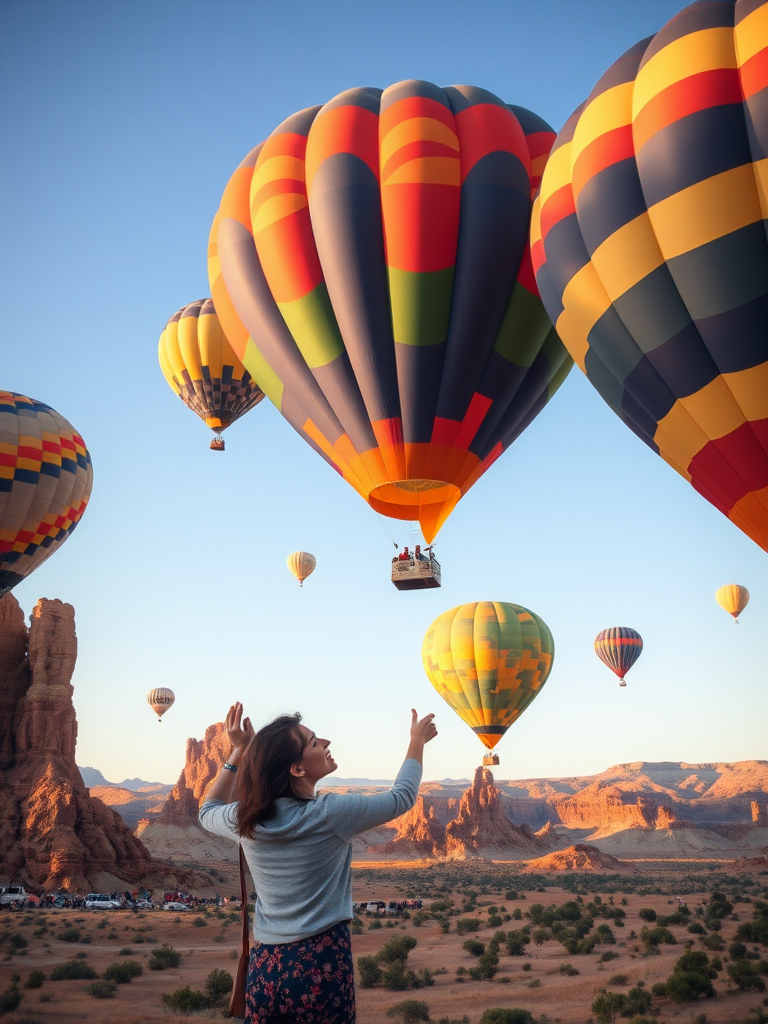 Create an image of a woman interacting with colorful hot air balloons in a picturesque landscape featuring unique rock formations, captured with a DSLR camera, 35mm lens, f/8 aperture, 1/250 sec shutter speed, and natural light for enhanced quality.