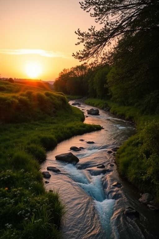 Create an image of a serene landscape at sunset with a gentle river flowing through lush greenery, using a DSLR camera at f/8 aperture, ISO 100, 1/60s shutter speed, with a wide-angle lens and soft focus.