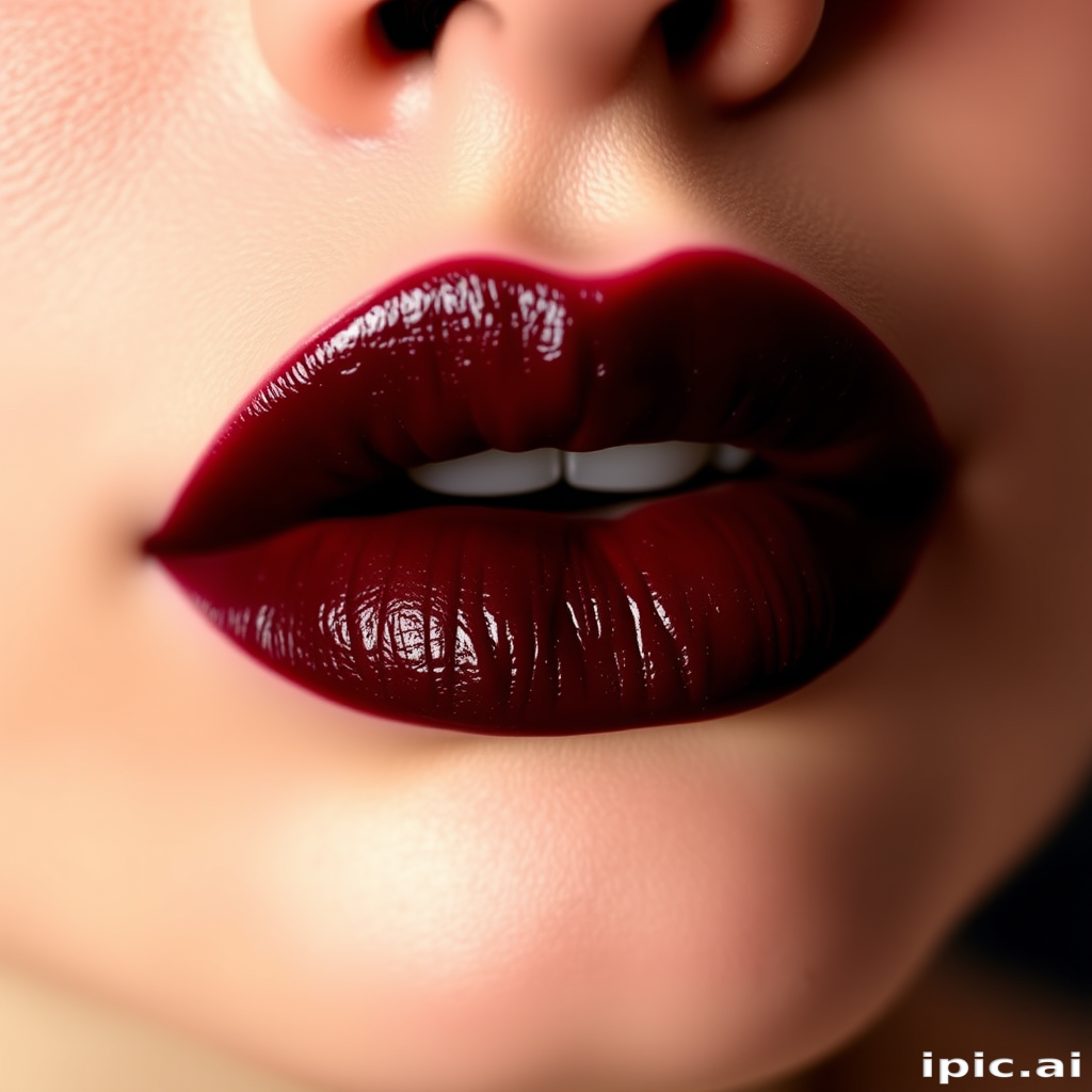 Sultry wine-stained lips showcase a deep burgundy center that fades to a softer hue at the edges, mimicking the look of sipping fine red wine