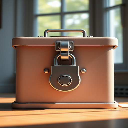 Create a detailed 3D render of a secure ballot box with a metallic padlock and latch, soft natural lighting from a window, high resolution, using a DSLR camera at f/2.8 aperture, 50mm lens, shot from eye level with a slight focus on the lock mechanism.