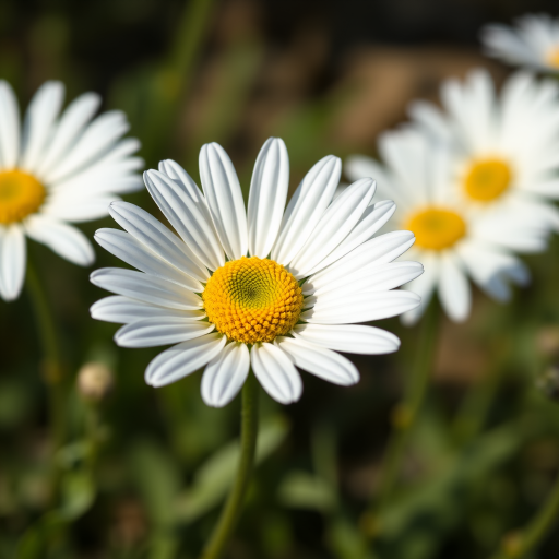 Create a high-resolution image of a daisy flower with white petals and a yellow center, using a DSLR camera with a 50mm lens, f/1.8 aperture, ISO 200, and natural lighting, captured from a slightly low angle to enhance depth and detail.