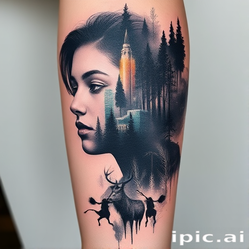 Surrealist double exposure tattoo, "Dreamscape Fusion," blending two distinct images seamlessly, such as a portrait with a cityscape or a forest scene with wildlife, using a mix of realistic and abstract elements in grayscale with pops of vibrant color