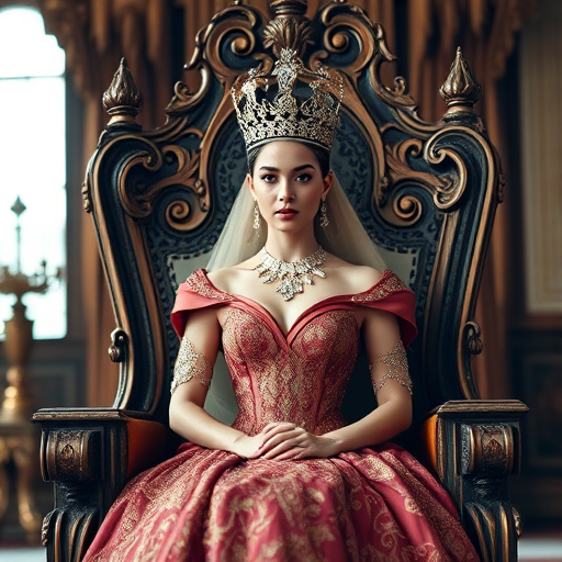 portrait of a regal woman in an ornate gown seated on a grand throne, intricate crown and jewelry, luxurious palace backdrop, soft focus, natural light, f/1.8 aperture, 85mm lens, ISO 100, DSLR camera, high dynamic range, cinematic style