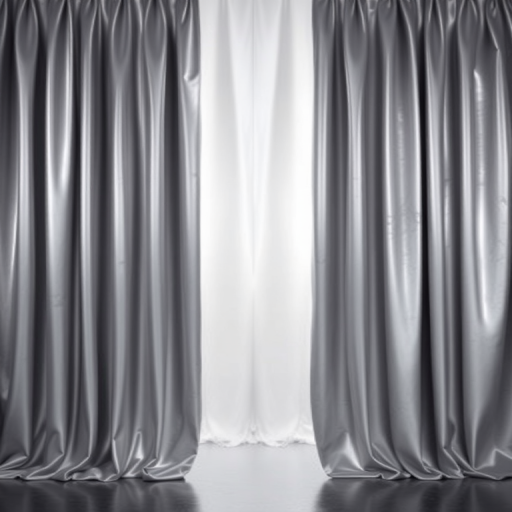create a realistic image of a shiny silver curtain with folds cascading down, reflecting light in a studio setting