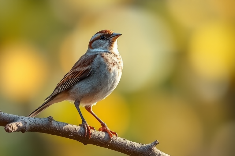 generate an image of a sparrow standing on a branch with a blurred natural background