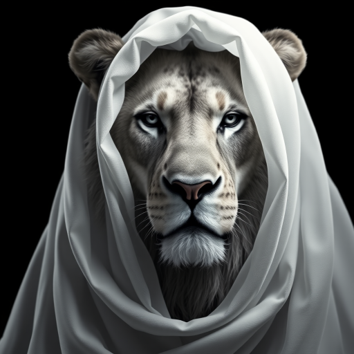 A hyper-realistic digital portrait of an lion with fabric draped over its head. The fabric is sheer and lightweight, allowing the contours of the lion’s face to show through, including its ears, eyes, and nose. The texture of the fabric is smooth and flowing, with delicate folds and creases that suggest softness and movement. The lion’s expression is serene and contemplative. The image focuses on the interplay of light and shadow on the fabric and the lion's face, creating a monochromatic palette of whites and grays. The background is a simple, nondescript dark shade to highlight the subject.