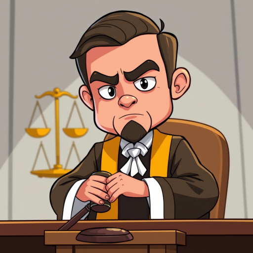 Create a cartoon-style illustration of a serious judge sitting at a wooden bench with a gavel and scales of justice in the background, using a 50mm lens at f/4, ISO 100, captured in natural light, with a tight focus on the judge's expression and a shallow depth of field.
