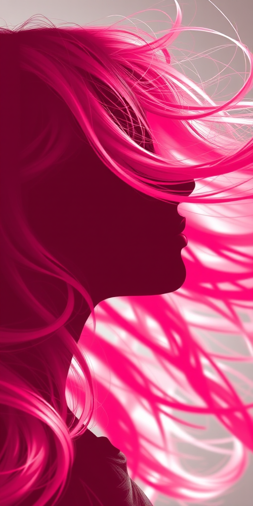 Create a high-resolution vector image of a feminine silhouette with flowing pink hair, soft features, and a delicate profile view, using a Canon EOS 5D Mark IV with a 50mm f/1.8 lens at f/2.8, shot in portrait mode with natural lighting to enhance the details and softness of the hair and facial features.