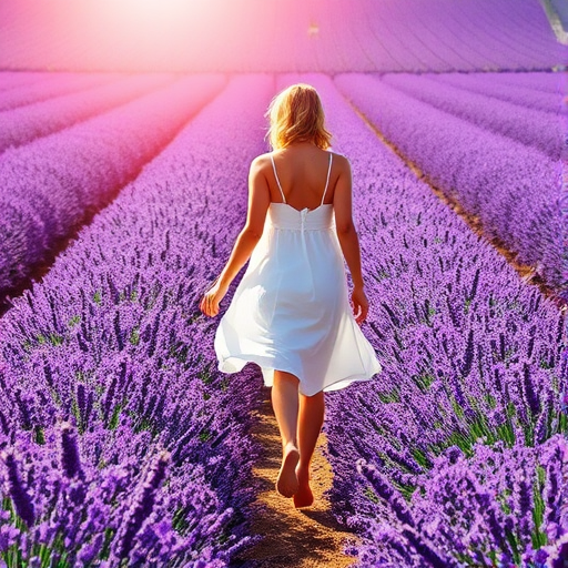 Sunlit field of lavender, the vibrant purple stretching as far as the eye can see, a woman in a flowing white dress walks barefoot through the flowers, her hands gently brushing the tops of the blooms.
